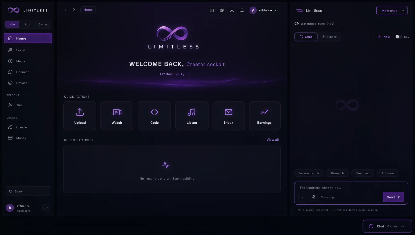 Limitless — the creator cockpit: one shell for docs, code, music, video, mail, trading, and an autonomous AI agent